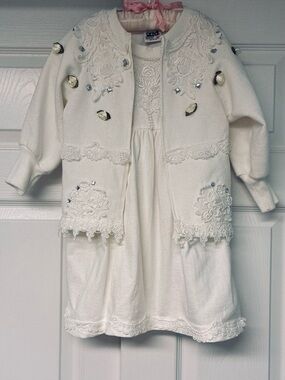 Vintage 1990’s Toddler Dress+Jacket Set, White, Refashioned, 3T*